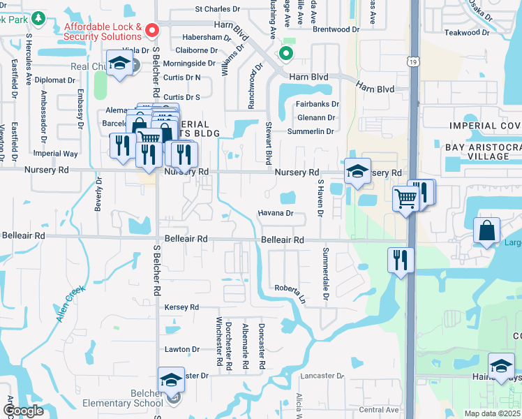 map of restaurants, bars, coffee shops, grocery stores, and more near 2365 Nursery Road in Clearwater