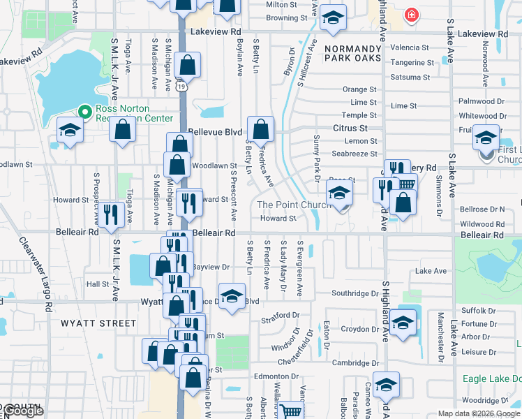 map of restaurants, bars, coffee shops, grocery stores, and more near 1318 Ann Circle in Clearwater