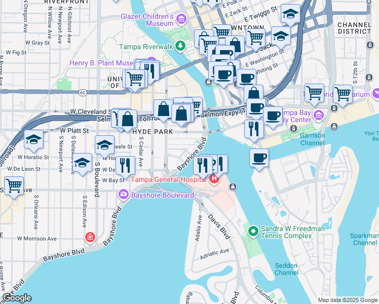 map of restaurants, bars, coffee shops, grocery stores, and more near 101 West Beach Place in Tampa