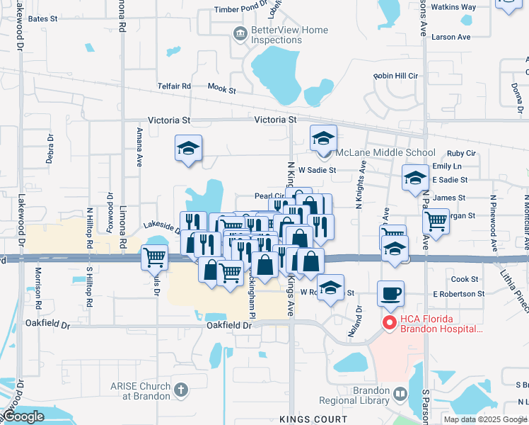 map of restaurants, bars, coffee shops, grocery stores, and more near Pearl Circle in Brandon