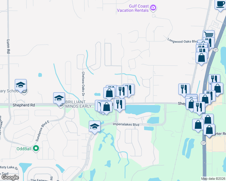 map of restaurants, bars, coffee shops, grocery stores, and more near 6969 Shepherd Oaks Road in Lakeland