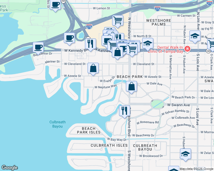 map of restaurants, bars, coffee shops, grocery stores, and more near 5006 West Evelyn Drive in Tampa