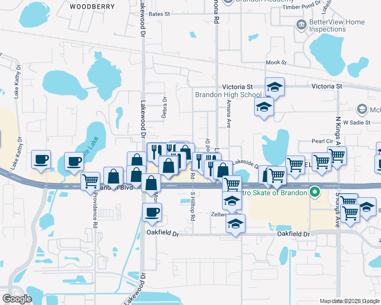map of restaurants, bars, coffee shops, grocery stores, and more near 1412 Highland Ridge Circle in Brandon