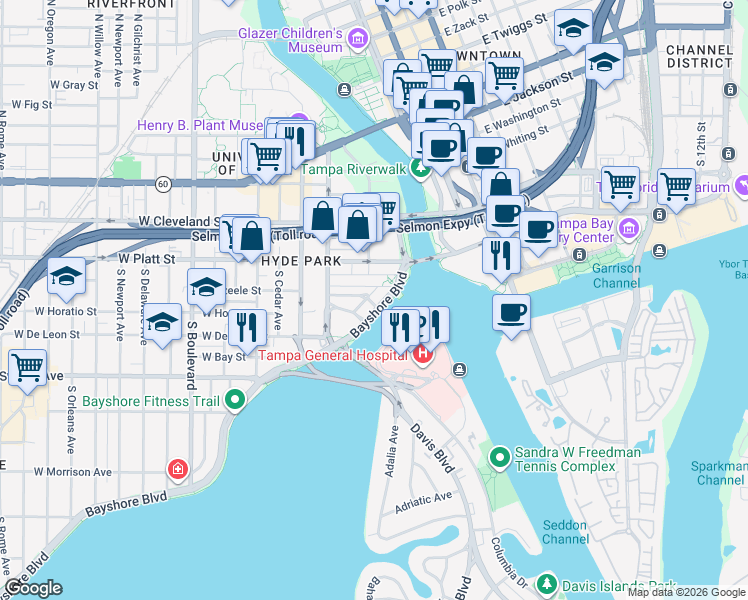 map of restaurants, bars, coffee shops, grocery stores, and more near 101 West Beach Place in Tampa