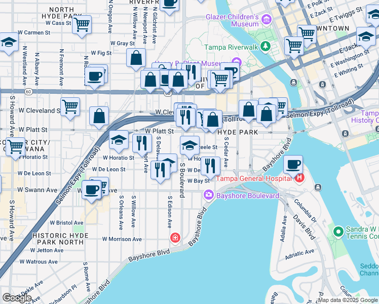 map of restaurants, bars, coffee shops, grocery stores, and more near 800 West Azeele Street in Tampa