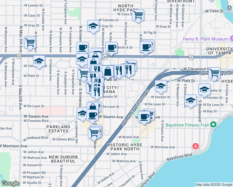 map of restaurants, bars, coffee shops, grocery stores, and more near 406 South Albany Avenue in Tampa