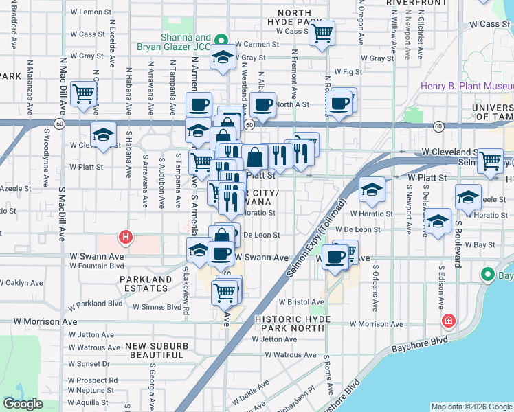 map of restaurants, bars, coffee shops, grocery stores, and more near 406 South Albany Avenue in Tampa
