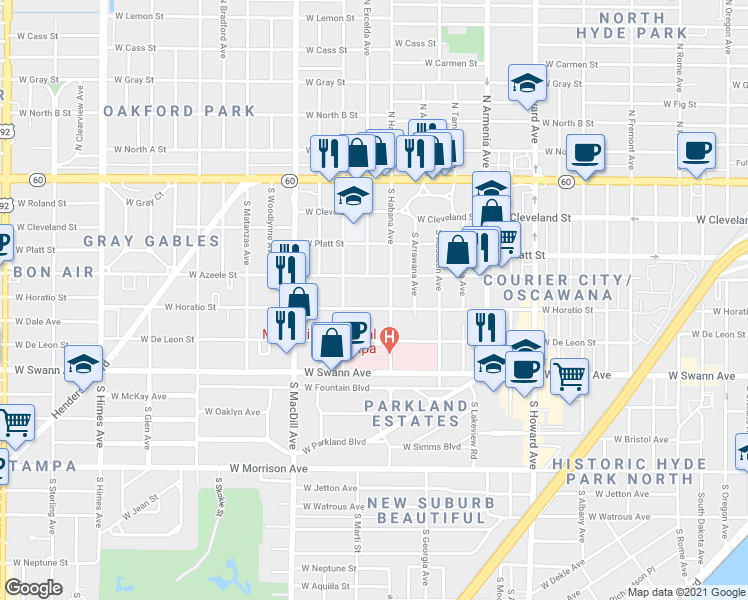 map of restaurants, bars, coffee shops, grocery stores, and more near 403 South Habana Avenue in Tampa