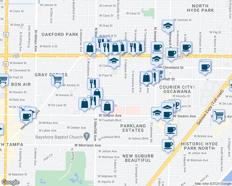 map of restaurants, bars, coffee shops, grocery stores, and more near 408 South Gomez Avenue in Tampa