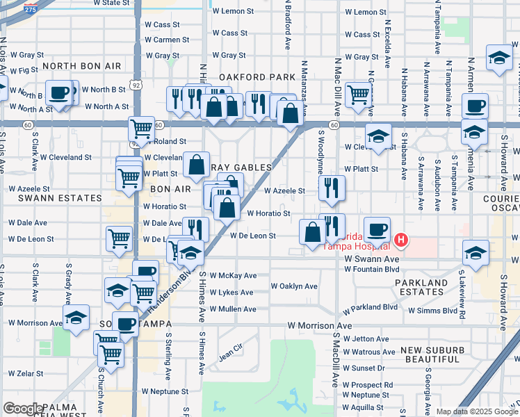 map of restaurants, bars, coffee shops, grocery stores, and more near 3318 Henderson Boulevard in Tampa