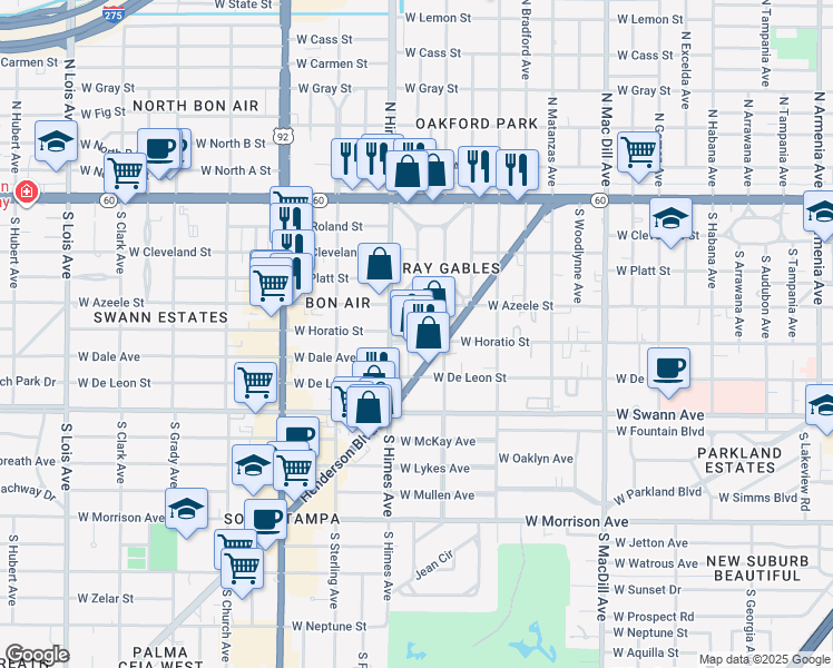 map of restaurants, bars, coffee shops, grocery stores, and more near 3347 Henderson Boulevard in Tampa