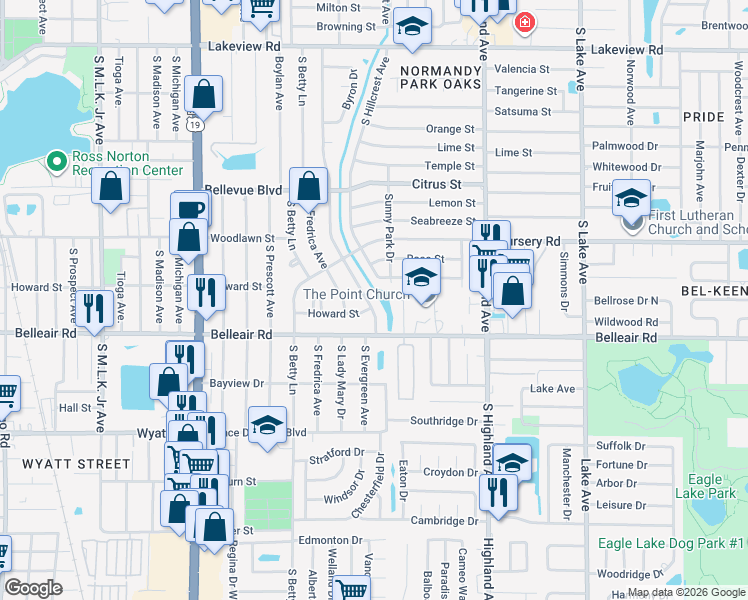 map of restaurants, bars, coffee shops, grocery stores, and more near 1560 South Evergreen Avenue in Clearwater