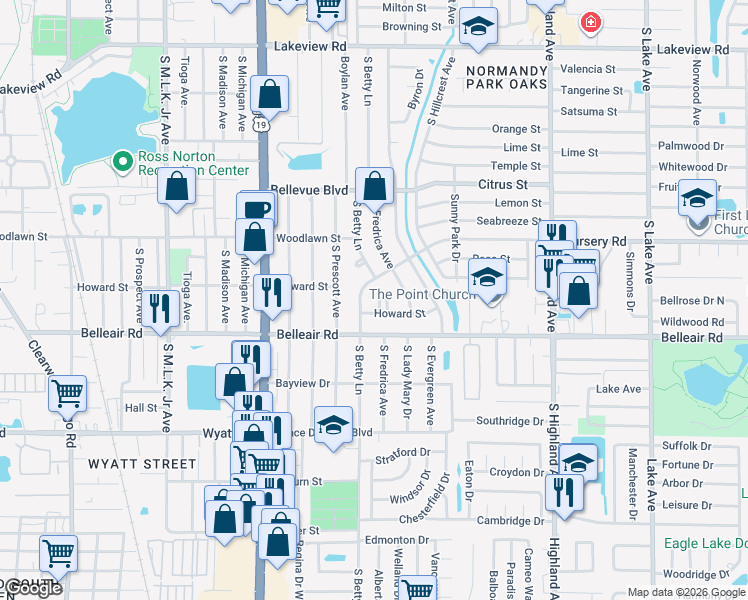 map of restaurants, bars, coffee shops, grocery stores, and more near 1318 Ann Circle in Clearwater