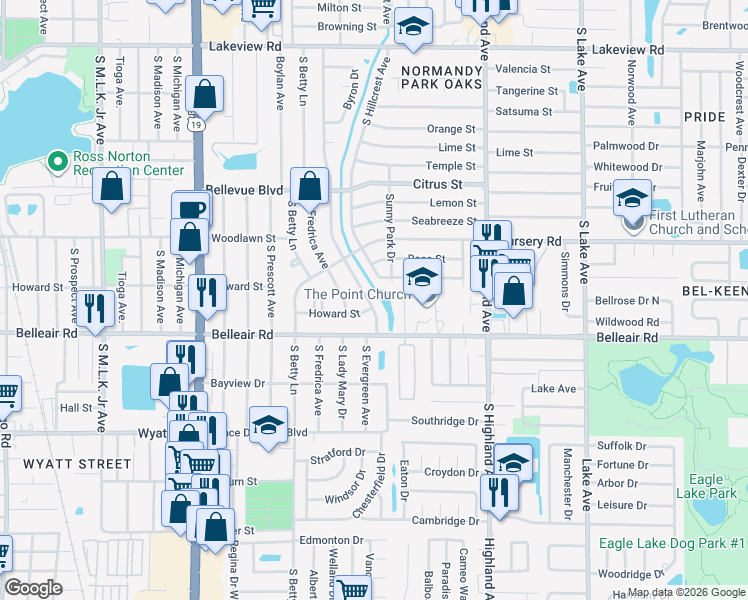 map of restaurants, bars, coffee shops, grocery stores, and more near 1560 South Evergreen Avenue in Clearwater