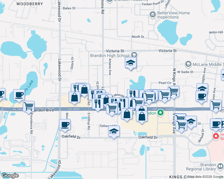 map of restaurants, bars, coffee shops, grocery stores, and more near 1301 Shady Lane in Brandon