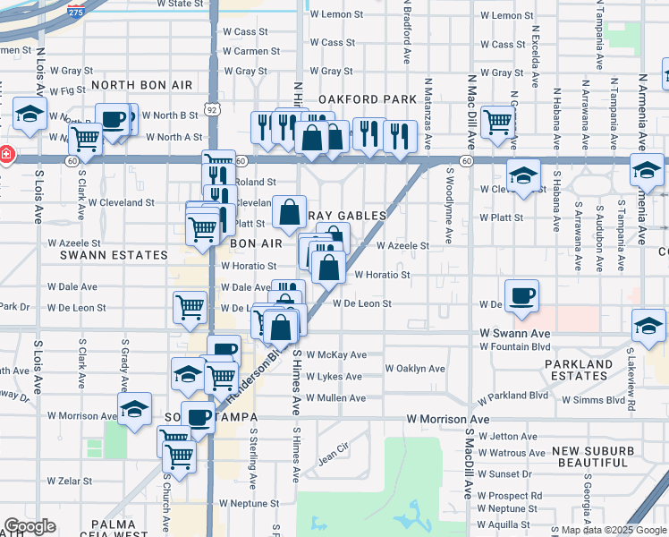 map of restaurants, bars, coffee shops, grocery stores, and more near 3347 Henderson Boulevard in Tampa