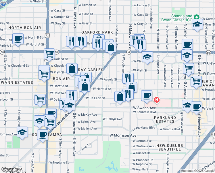 map of restaurants, bars, coffee shops, grocery stores, and more near 3226 Marcellus Circle in Tampa