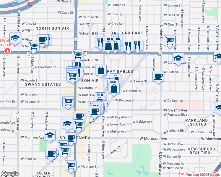 map of restaurants, bars, coffee shops, grocery stores, and more near 3310 West Cypress Street in Tampa