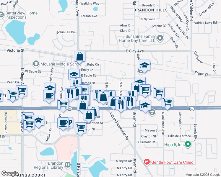 map of restaurants, bars, coffee shops, grocery stores, and more near 404 East Morgan Street in Brandon