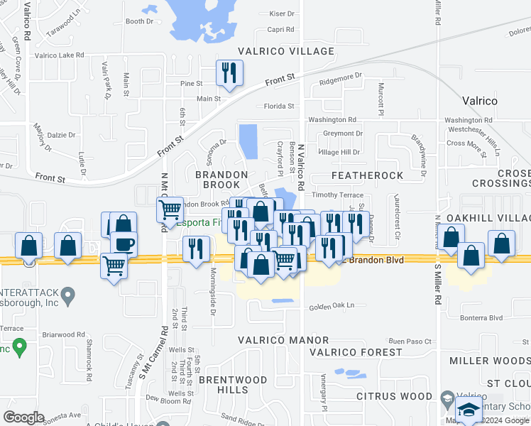 map of restaurants, bars, coffee shops, grocery stores, and more near 212 Belfort Place in Valrico