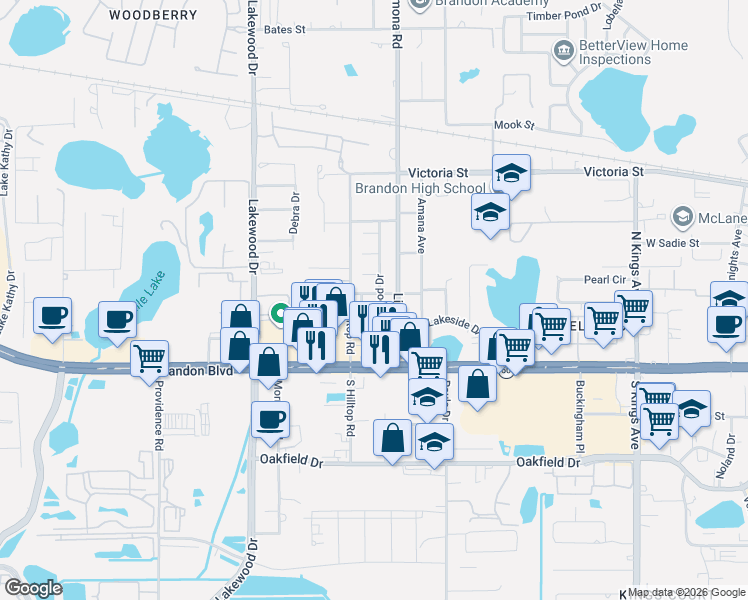 map of restaurants, bars, coffee shops, grocery stores, and more near 214 Foxwood Drive in Brandon