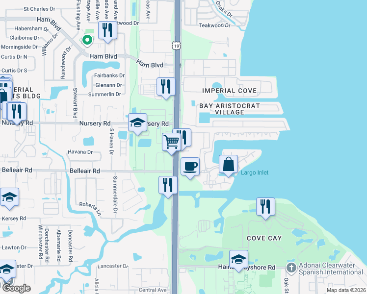 map of restaurants, bars, coffee shops, grocery stores, and more near 18421 US Highway 19 North in Clearwater