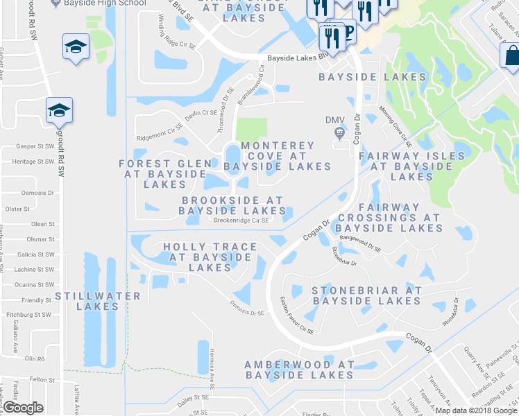 map of restaurants, bars, coffee shops, grocery stores, and more near 406 Breckenridge Circle Southeast in Palm Bay