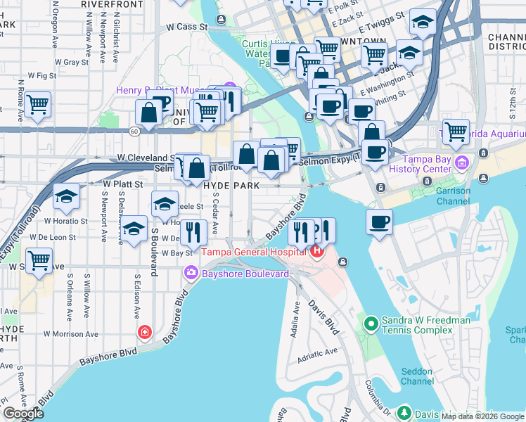map of restaurants, bars, coffee shops, grocery stores, and more near 326 South Plant Avenue in Tampa
