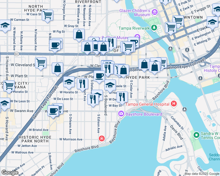 map of restaurants, bars, coffee shops, grocery stores, and more near 800 West Azeele Street in Tampa