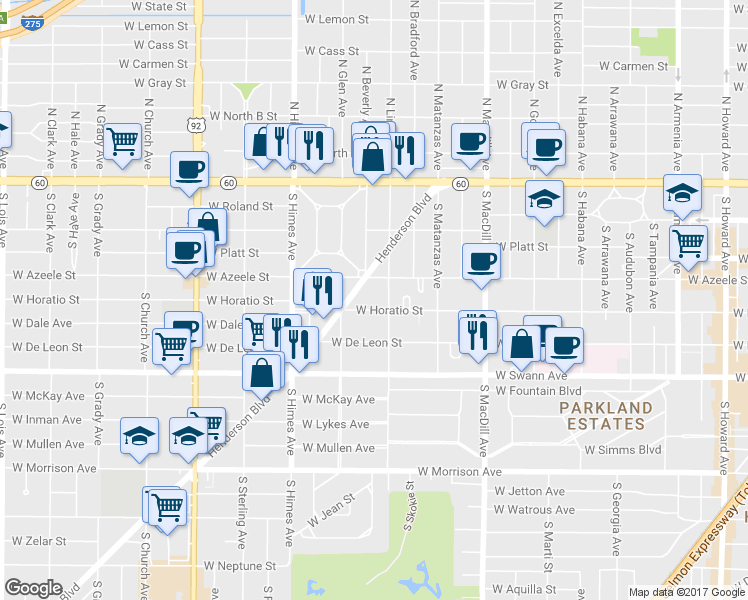 map of restaurants, bars, coffee shops, grocery stores, and more near 3318 Henderson Boulevard in Tampa