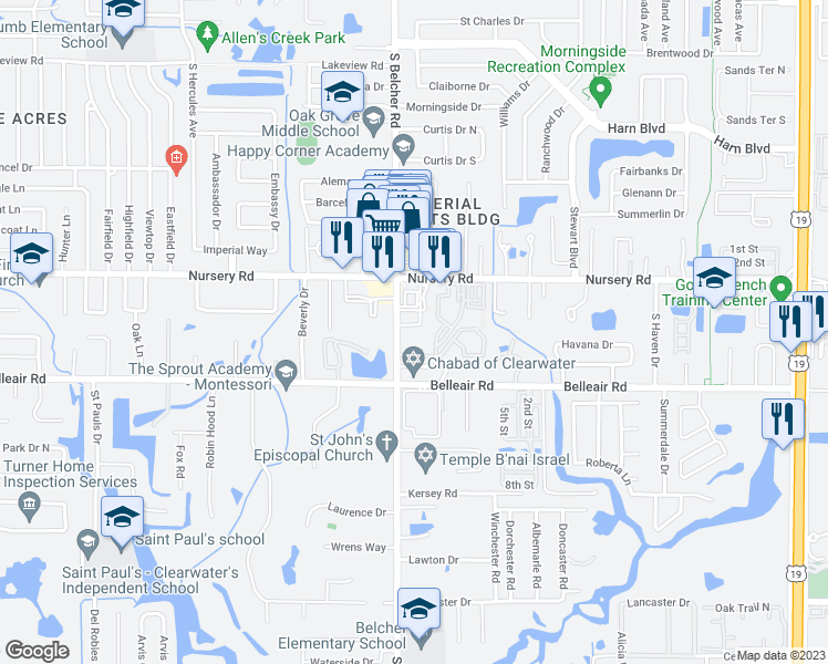 map of restaurants, bars, coffee shops, grocery stores, and more near 1551 South Belcher Road in Clearwater