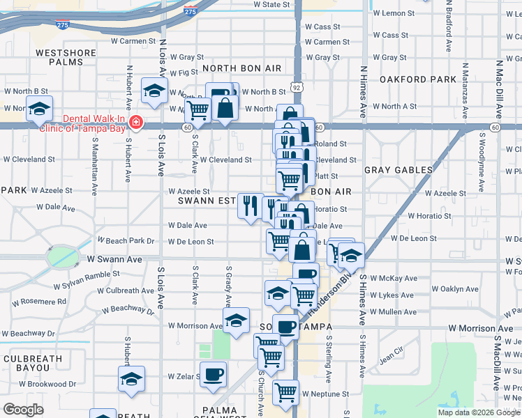 map of restaurants, bars, coffee shops, grocery stores, and more near Horatio Street in Tampa