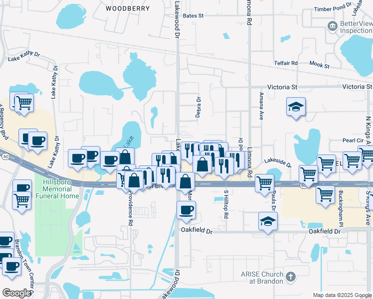 map of restaurants, bars, coffee shops, grocery stores, and more near 1664 Lake Meadow Circle North in Brandon