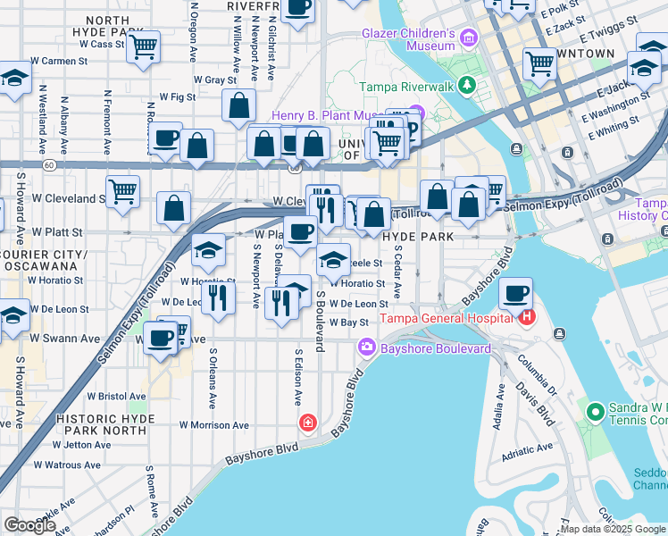 map of restaurants, bars, coffee shops, grocery stores, and more near 800 West Azeele Street in Tampa