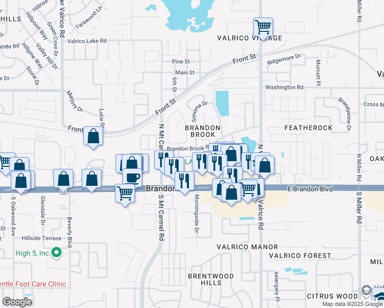 map of restaurants, bars, coffee shops, grocery stores, and more near 214 Chardonnay Place in Valrico