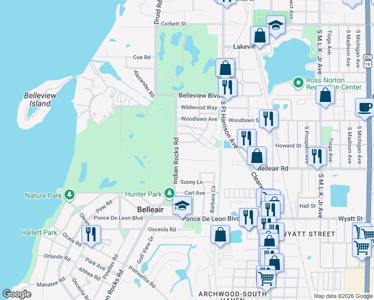 map of restaurants, bars, coffee shops, grocery stores, and more near 321 Overbrook Drive in Belleair