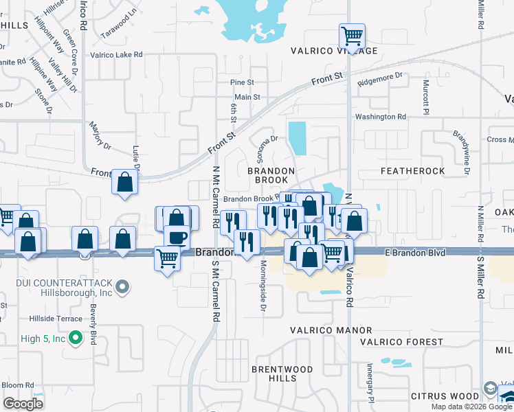 map of restaurants, bars, coffee shops, grocery stores, and more near 214 Chardonnay Place in Valrico