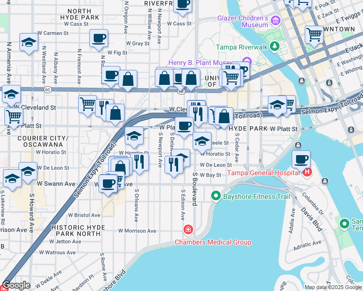 map of restaurants, bars, coffee shops, grocery stores, and more near 321 South Edison Avenue in Tampa