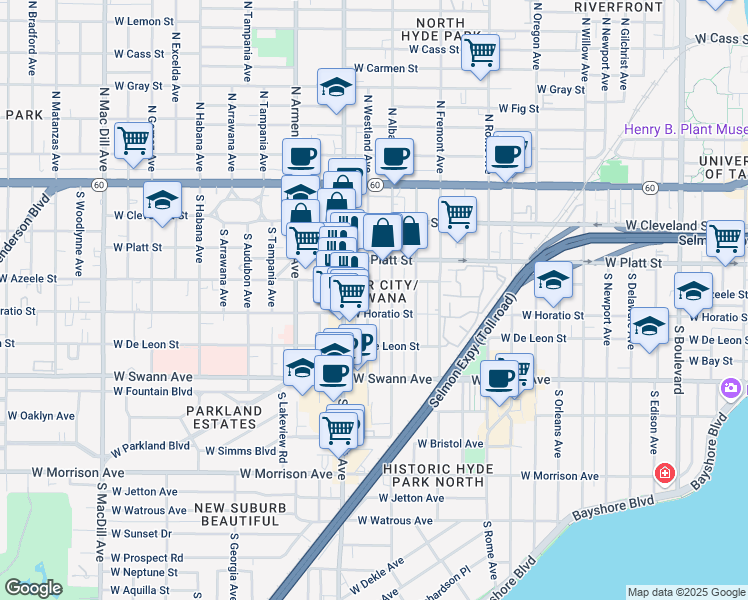 map of restaurants, bars, coffee shops, grocery stores, and more near 408 South Westland Avenue in Tampa