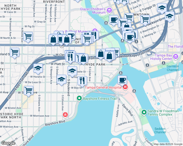 map of restaurants, bars, coffee shops, grocery stores, and more near 406 South Cedar Avenue in Tampa