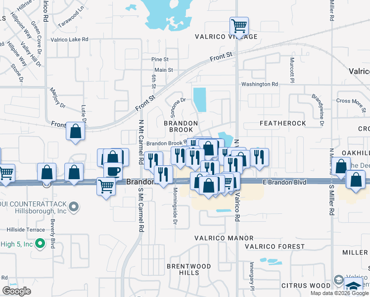 map of restaurants, bars, coffee shops, grocery stores, and more near 230 Chardonnay Place in Valrico