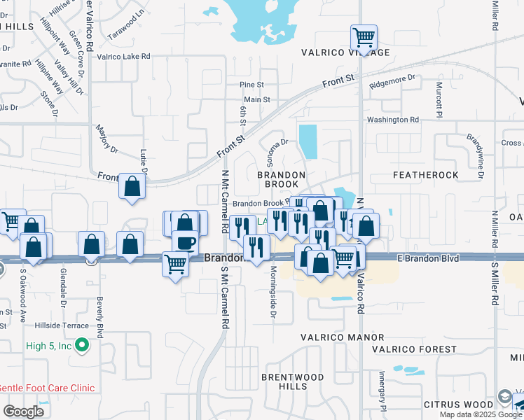map of restaurants, bars, coffee shops, grocery stores, and more near 214 Chardonnay Place in Valrico
