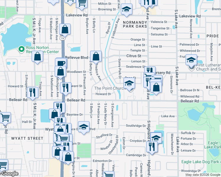 map of restaurants, bars, coffee shops, grocery stores, and more near 1560 South Evergreen Avenue in Clearwater