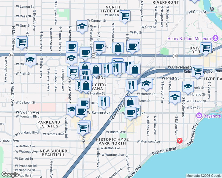 map of restaurants, bars, coffee shops, grocery stores, and more near 407 South Fremont Avenue in Tampa