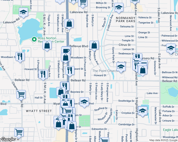 map of restaurants, bars, coffee shops, grocery stores, and more near 1544 Betty Lane Court in Clearwater