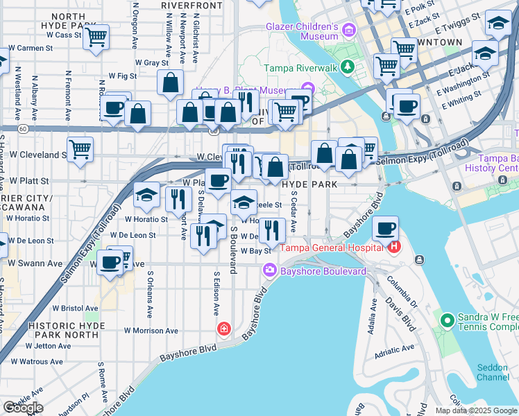map of restaurants, bars, coffee shops, grocery stores, and more near 616 West Azeele Street in Tampa