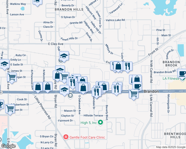 map of restaurants, bars, coffee shops, grocery stores, and more near 932 Nina Elizabeth Circle in Brandon