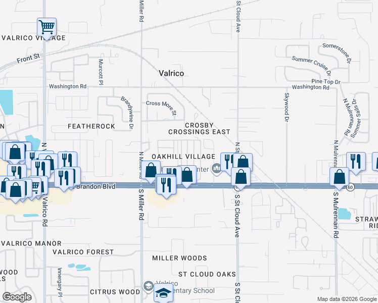 map of restaurants, bars, coffee shops, grocery stores, and more near 124 Oakhill Key Court in Valrico