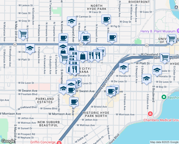 map of restaurants, bars, coffee shops, grocery stores, and more near 406 South Albany Avenue in Tampa
