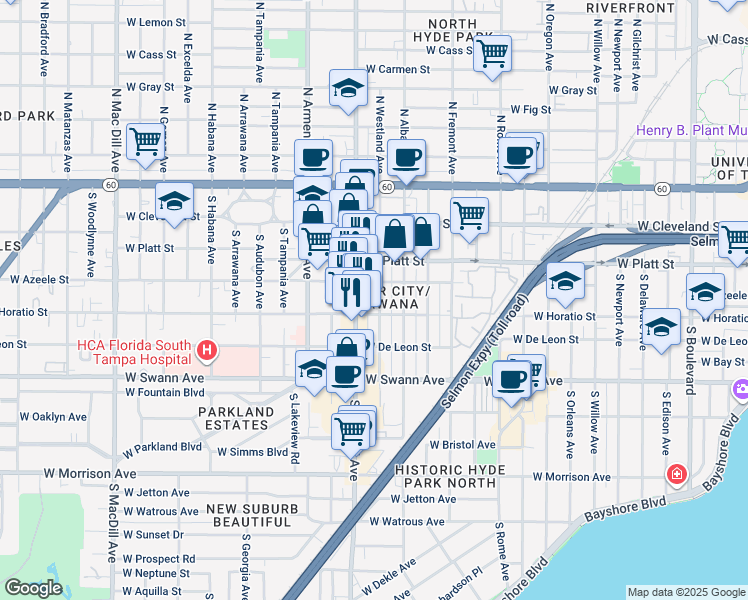 map of restaurants, bars, coffee shops, grocery stores, and more near in Tampa